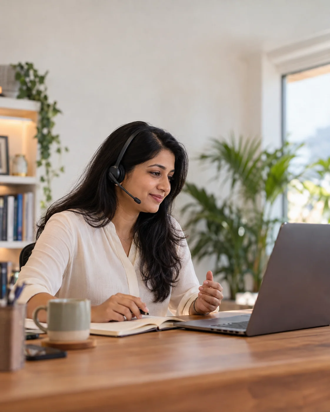 Technology consultant taking notes during an online consultation