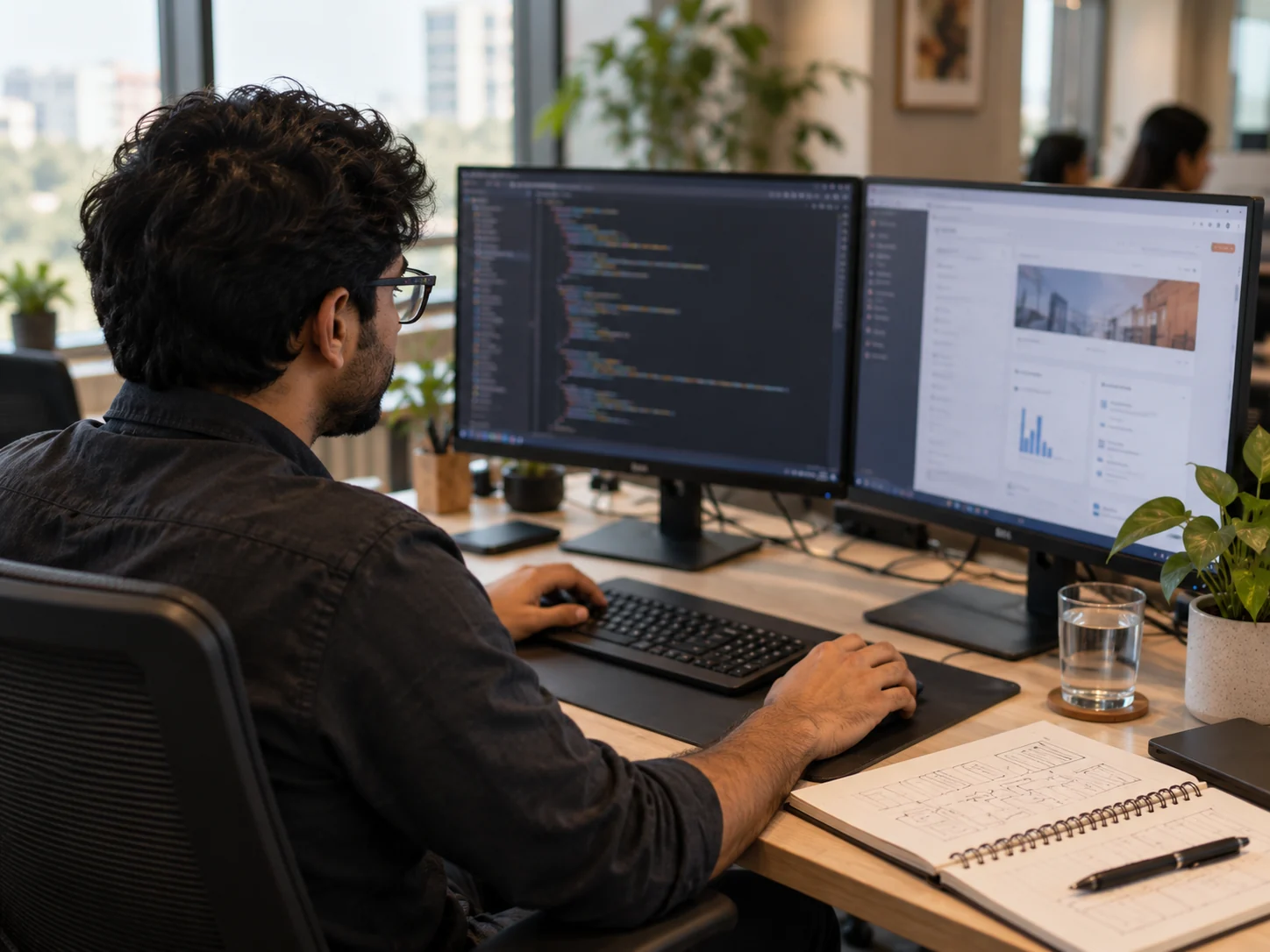 Software engineer building an application at a dual-monitor workstation